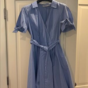 Eliza J Light Blue Pinstripe Wrap Midi Dress